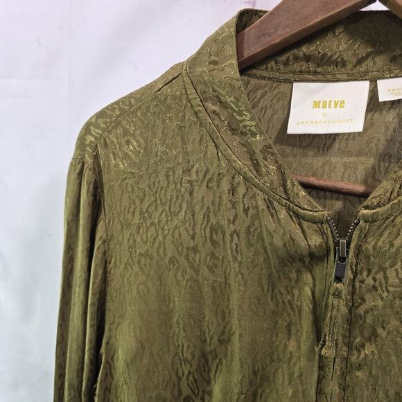 Anthropologie Jacket Womens Small Green Bomber Zip Silky Maeve Olive Leopard - Picture 2 of 11
